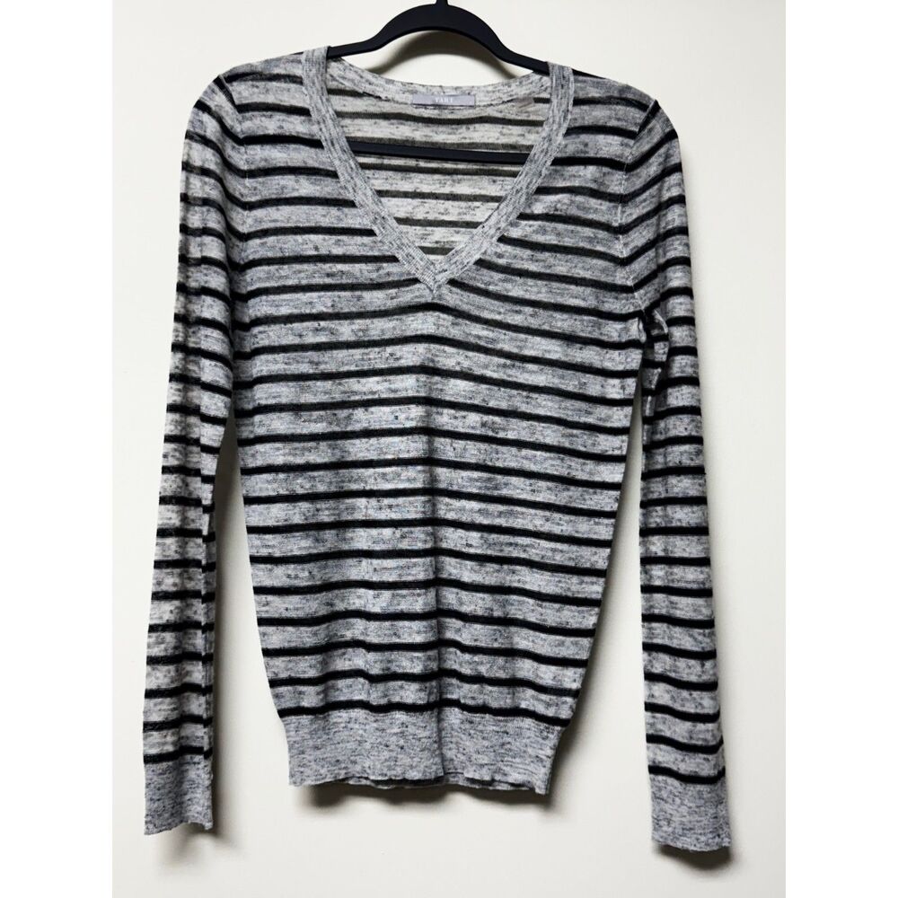 TART Adina Linen Blend Striped Sheer V-Neck Sweater, Sz S